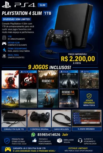 Ps4 slim 1tb+ 9 jogos mídia física originais