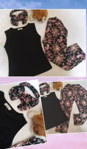 Conjunto infantil com calça, blusa e tiara 