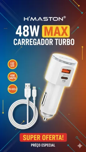 Carregador Veicular Turbo H?Maston S18-2 48W com Cabo Lightning - PD + QC3.0