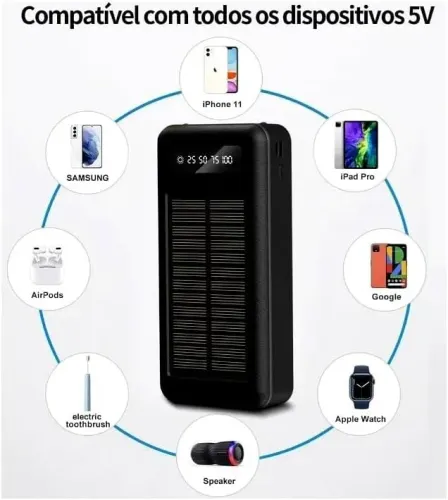 Power Bank - Carregamento Solar - 20.000mAh (74Wh) 5 em 1 com Cabos Integrados