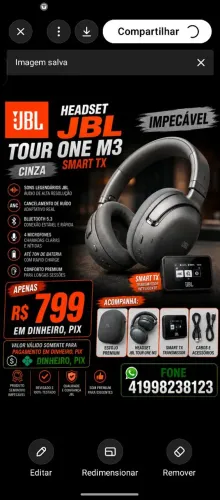 HEADSET JBL TOUR ONE M3 SMART TX CINZA, SEMINOVO, GARANTIA