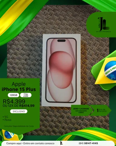 IPHONE 15 PLUS, 5G, 128GB, CHIP ESIM, LACRADO, EXCLUSIVO!