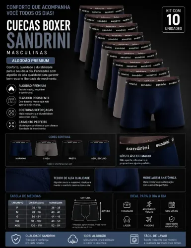 Kit 10 Cuecas Boxer Sandrini Masculina 100% Algodão Premium - Conforto e Qualidade
