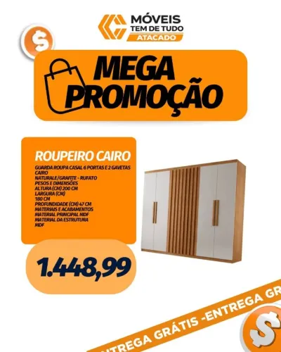QUEIMA DE ESTOQUE GUARDA ROUPA CASAL 6 PORTAS E 2 GAVETAS