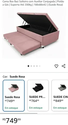 Cama box baú solteiro com cama auxiliar em sede rosa com pistão a gás