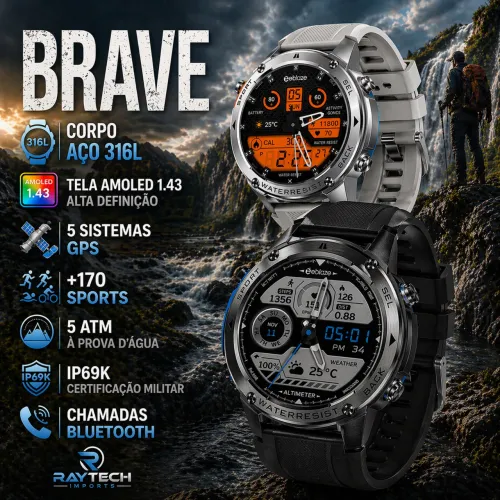 Smartwatch Brave - GPS - 5 ATM - Bússola - Altimetro - Barômetro Tela Amoled 1.43?
