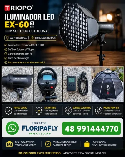 Iluminador led EX-60 com softbox octogonal Triopo.<br>Inclui controle remoto. <br>Pouco usado!