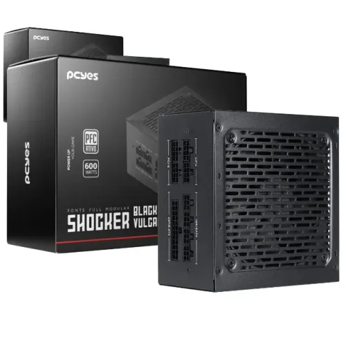 FONTE GAMER 600W PCYES SHOCKER FULL MODULAR 80 PLUS WHITE BLACK VULCAN NOVA!