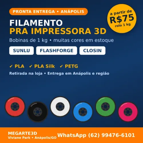 Filamento 3D 1kg PLA, Silk e PETG - Sunlu, FlashForge e Closin