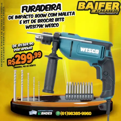 Furadeira De Impacto 800w Com Maleta e Kit de Brocas Bits Ws3179K Wesco