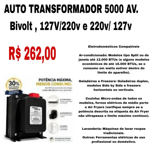 Transformador de energia 5000 VA,127v /220/ 220v 127v e 220v