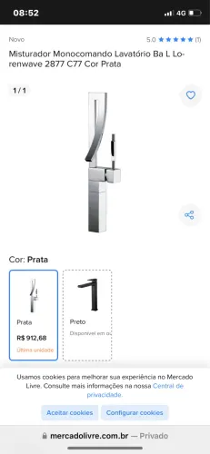 Lavatório misturador monocomando