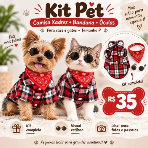 Kit Pet Camisa Xadrez + Bandana + Óculos para Cães e Gatos P por R$ 35