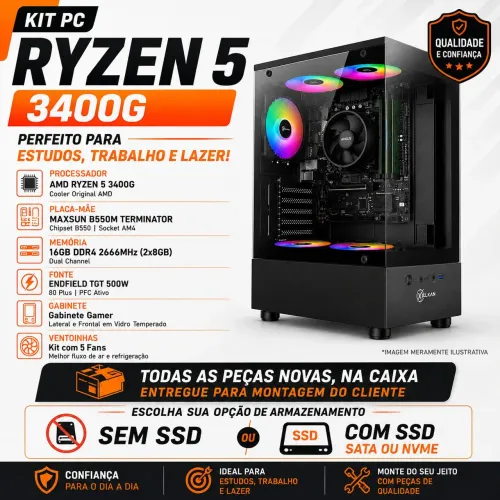 Kit PC Gamer Ryzen 5 3400G + B550M + 16GB DDR4 + Gabinete Gamer