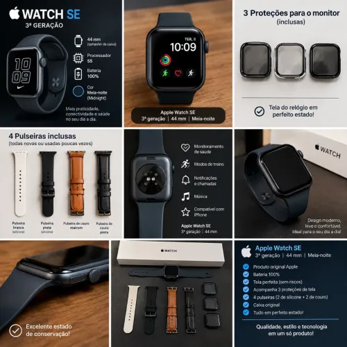 Apple Watch SE 3 44mm Midnight - Na garantia - 100% Bateria + 4 Pulseiras + Proteções