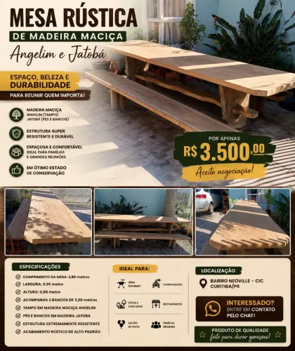 Mesa jantar Rústica de Madeira Maciça Angelim e Jatobá - 3,80m + 2 Bancos. R$ 3.500.