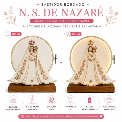 Bastidor Nossa Senhora bordada luminária 20cm recarregável