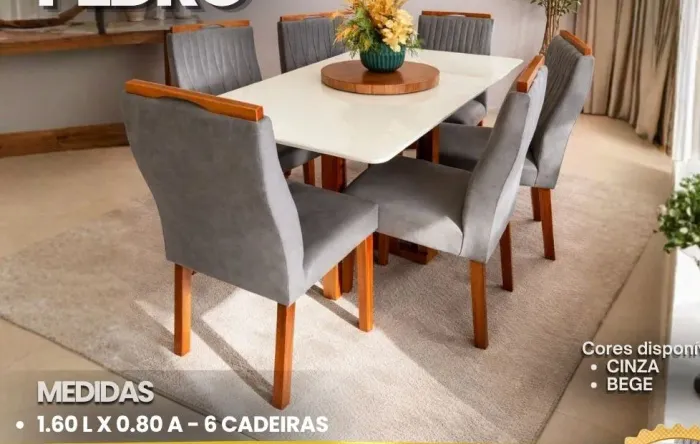 Mesa de jantar Petros 6 cadeiras em madeira maci a