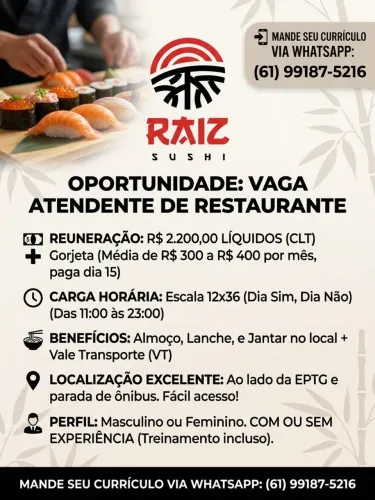 Vaga Atendente de Restaurante Japonês - 12x36 (R$ 2.200 Liquido + Benefícios)