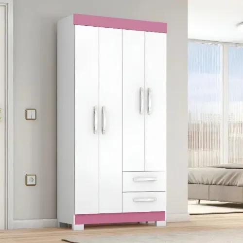 Guarda-roupa Solteiro Notável NT6010 MDF Branco Rosa 4 Portas 2 Gavetas