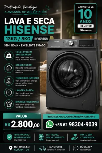 Lavar Seca Hisence 13kg/8kg Inverter com vapor Semi Nova 10 Anos de garantia