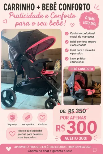 Carrinho de bebê com bebê conforto em ótimo estado de conservação 