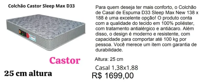 COLCHÃO CASAL CASTOR *