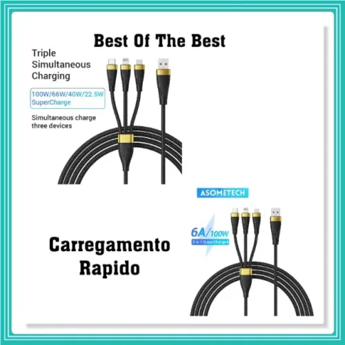 Micro USB Tipo C Cabo de Carregamento, 3 em 1 Cabo de Carregamento USB 6A 100W