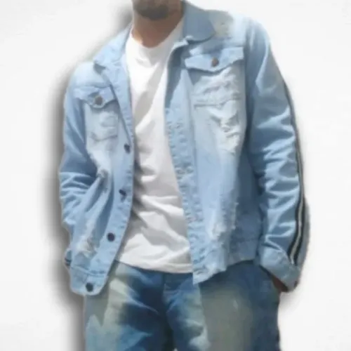 Jaqueta Jeans Masculina Destroyed Com listra no Braço Jacket Estilosa EA9