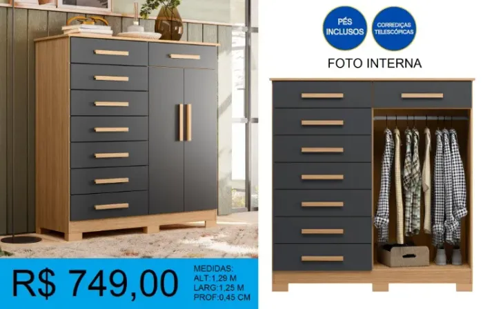 Comoda 8 gavetas e cabideiro - Entrega e montagem gratis 