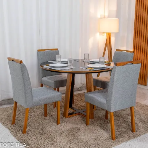 Mesa de Jantar Redonda 120cm Vidro Preto/Base Madeira 4 Cadeiras
