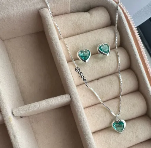 Conjunto Prata 925 Colar Brincos Coração dia das mães