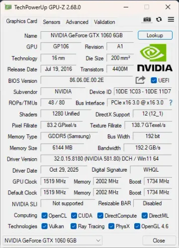 Placa de Vídeo GTX 1060 6GB  GALAX  USADA E 100% FUNCIONANDO