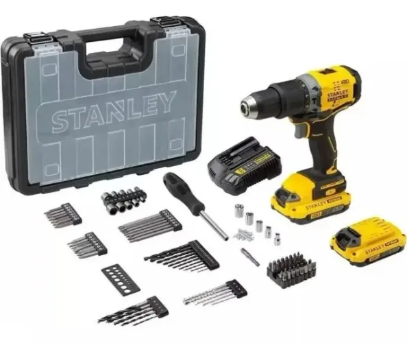 PARAFUSADEIRA STANLEY BRUSHLESS 20V C/2BAT 2AH+100ACESSORIOS+MALETA