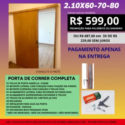 porta com fechadura e puxador kit de correr- cod plze