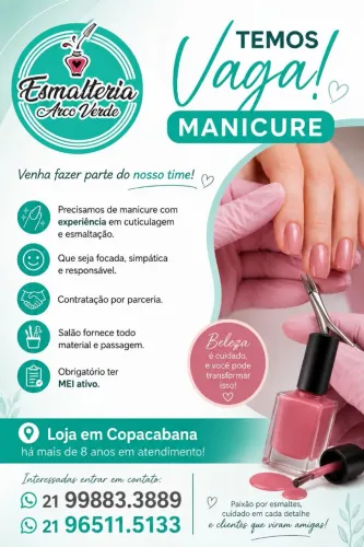 Vaga para Manicure com prática em Esmaltação em Gel!