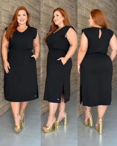Vestido Midi , com Fenda Lateral e Bolsos, Elegante e Confortável, marca Ouriço.