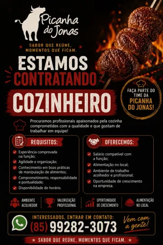 Vagas para cozinheiro disponíveis.
