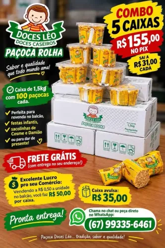 Combo 5 Caixas Paçoca Rolha Doces Léo 1,5kg (100 unidades)