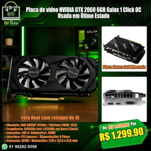 Placa de vídeo NVIDIA GTX 2060 6GB Galax 1 Click OC Usada em Ótimo Estado