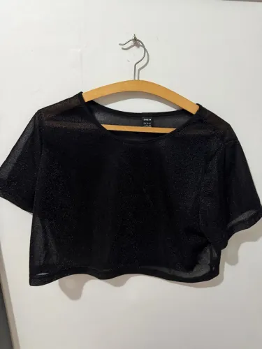 Blusa cropped de tule brilhoso preto da SHEIN