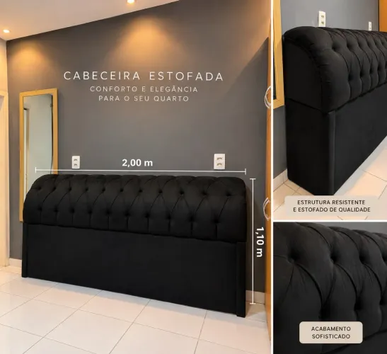 Cabeceira Estofada Preta Capitonê - 2,00 m x 1,10 m
