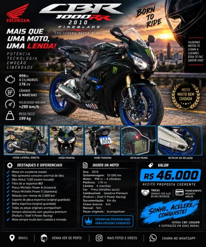 HONDA CBR 1000RR FIREBLADE 2010 | 35.000 KM | R$ 46.000