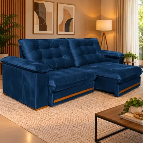 Sofá Retrátil e Reclinável Veneza/Roma MJ143 2,50 m Veludo Azul 1004