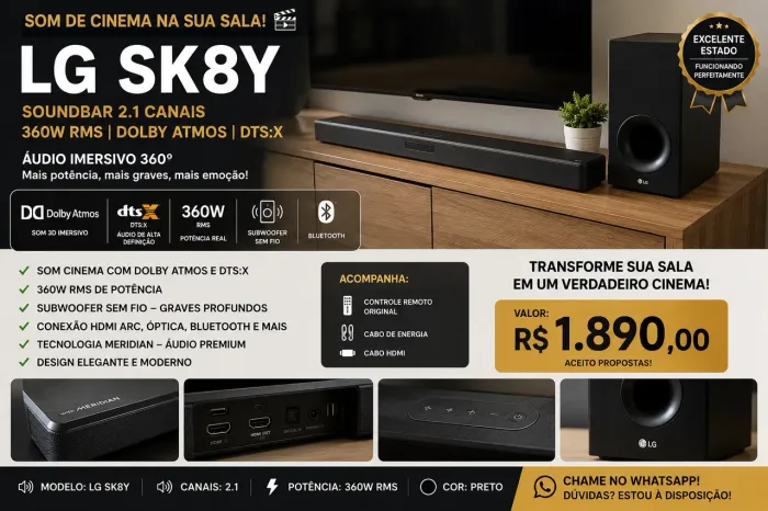 LG Soundbar SK8Y Dolby Atmos + Subwoofer Sem Fio | 360W | Excelente Estado