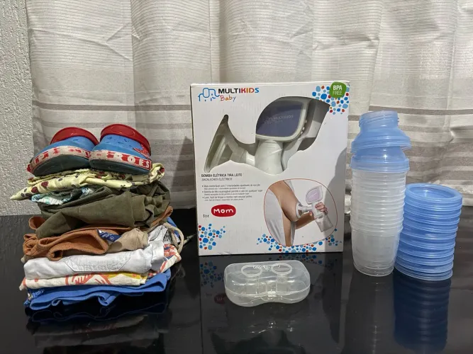 Kit bomba elétrica tira leite + roupas + armazenador de leite avent
