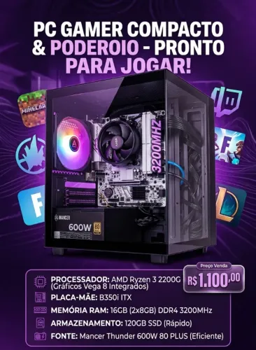 PC Gamer Ryzen 3 2200G, 16GB RAM DDR4 3200MHz, B350i