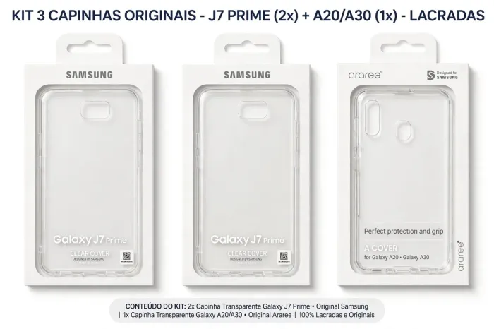 > KIT 3 Capinhas Originais Samsung - 2x J7 Prime + 1x A20/A30 - Transparente Lacrada