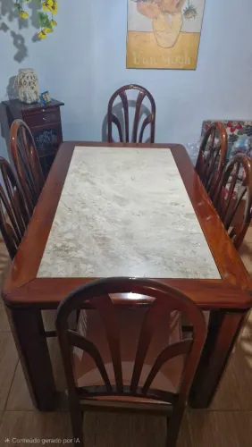 Mesa de Jantar em Madeira Maciça com Tampo de Granito + 6 Cadeiras