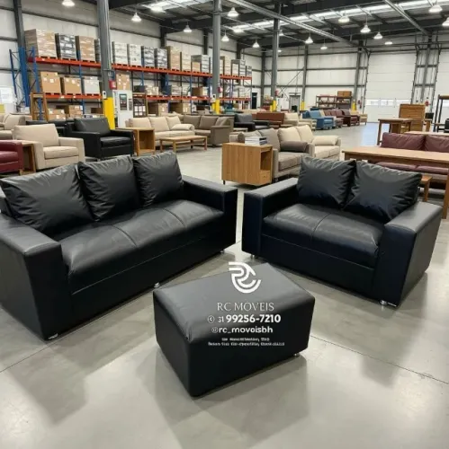 Conjunto Sofá 3 e 2 Lugares Puff Courino Bege D33 Luxo
